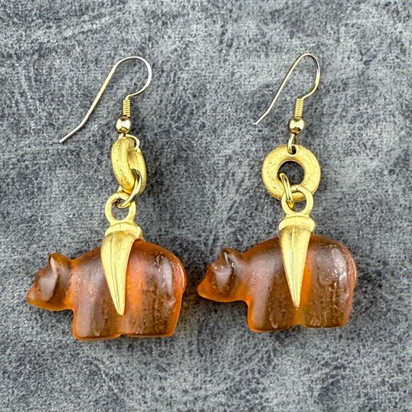 Vintage Bear Gold Tone Dangle Pierced Ear Earrings Pressed Molded Amber (?) - Picture 9 of 12
